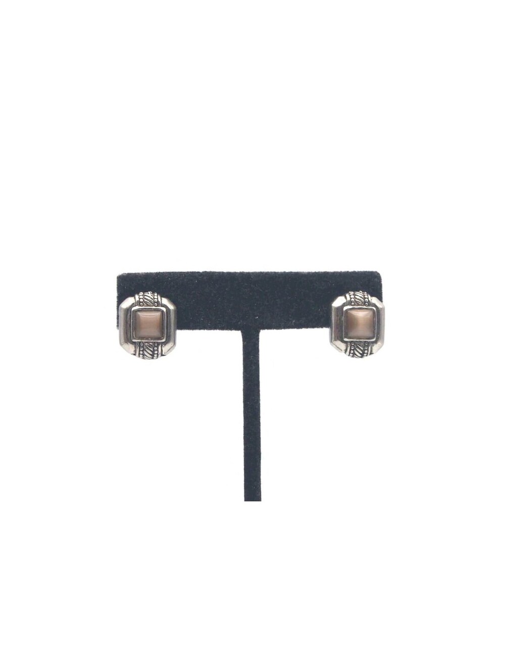 Silver & Brown Stud Earrings, Vintage Silver Tone and Brown Cat's Eye Earrings.